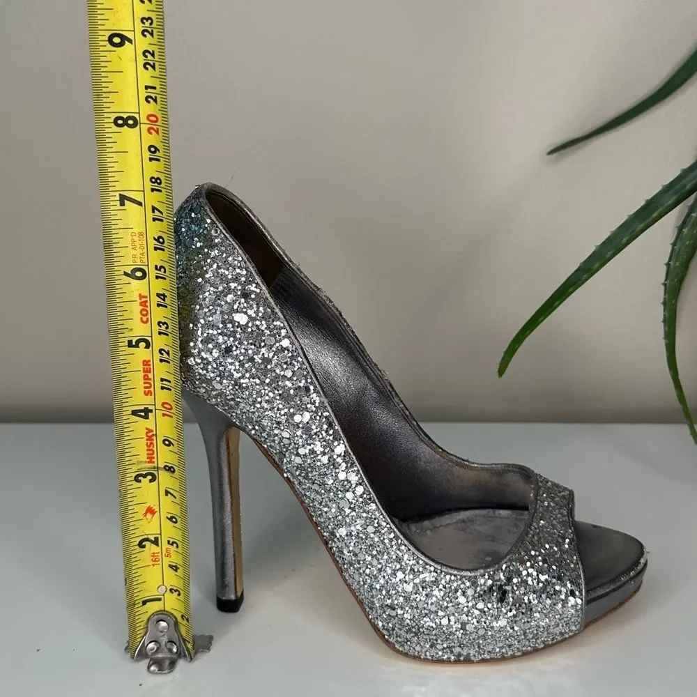 ✨ Miu Miu Silver Glitter Peep-Toe Heels 36.5 (US 6.5) Designer Party Shoes Italy - Picture 12 of 13
